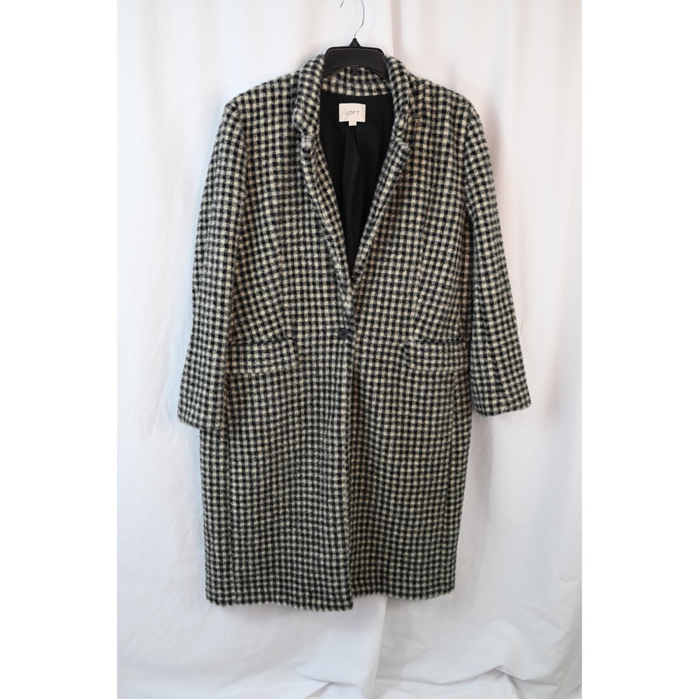 Loft Women Cream Black Checkered Longline Coat XL Single Button Textured Jacket